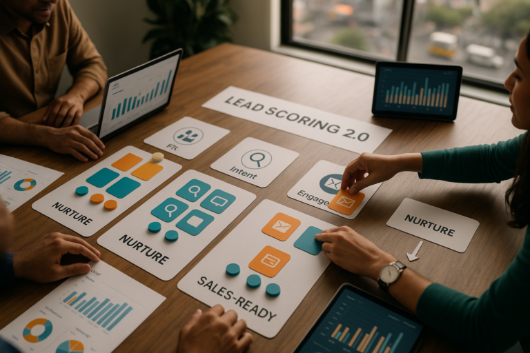 Team reviewing B2B lead scoring dashboard