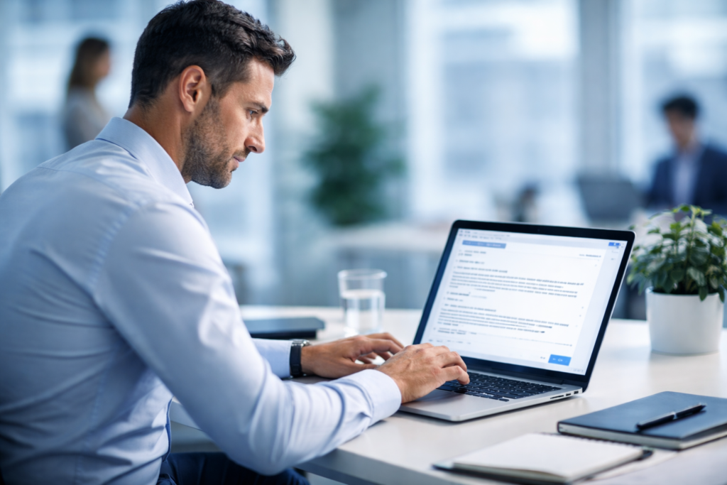 B2B email outreach professional checking prospect replies on laptop