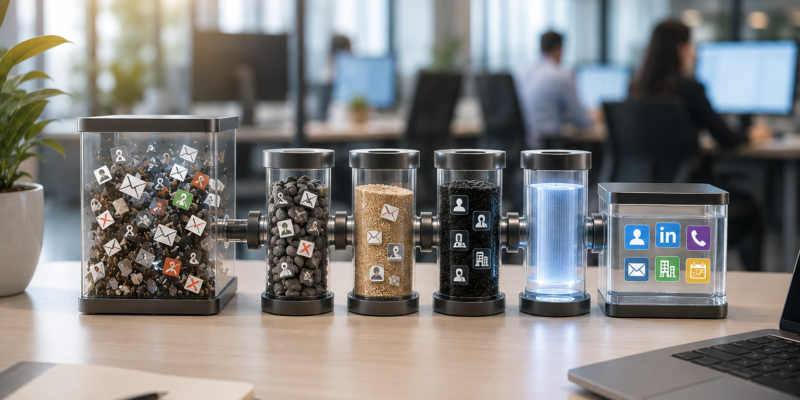 Business lead enrichment process visualizing junk data being filtered through multiple stages into verified sales-ready contacts including email, LinkedIn, phone, and company information.
