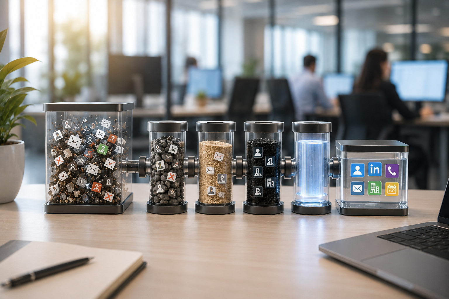 Business lead enrichment process visualizing junk data being filtered through multiple stages into verified sales-ready contacts including email, LinkedIn, phone, and company information.